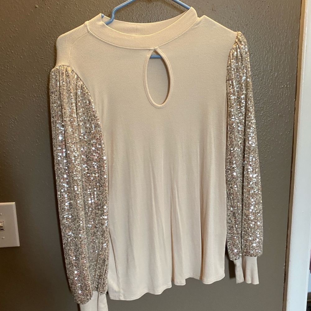Maurices Cream Mock Neck Tunic with Sequin Long Sleeves